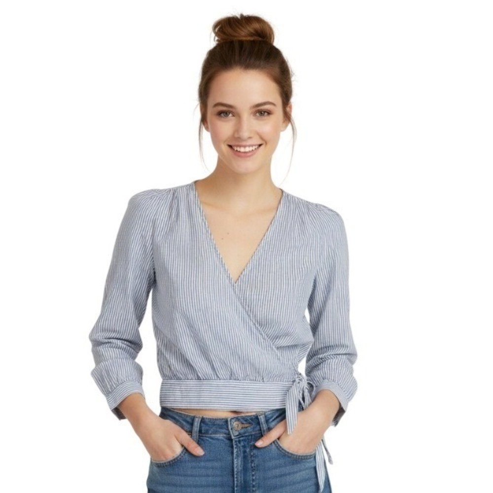 Madewell Blouse Womens XXS Blue Striped V Neck Wrap Tie Waist Cottagecore French